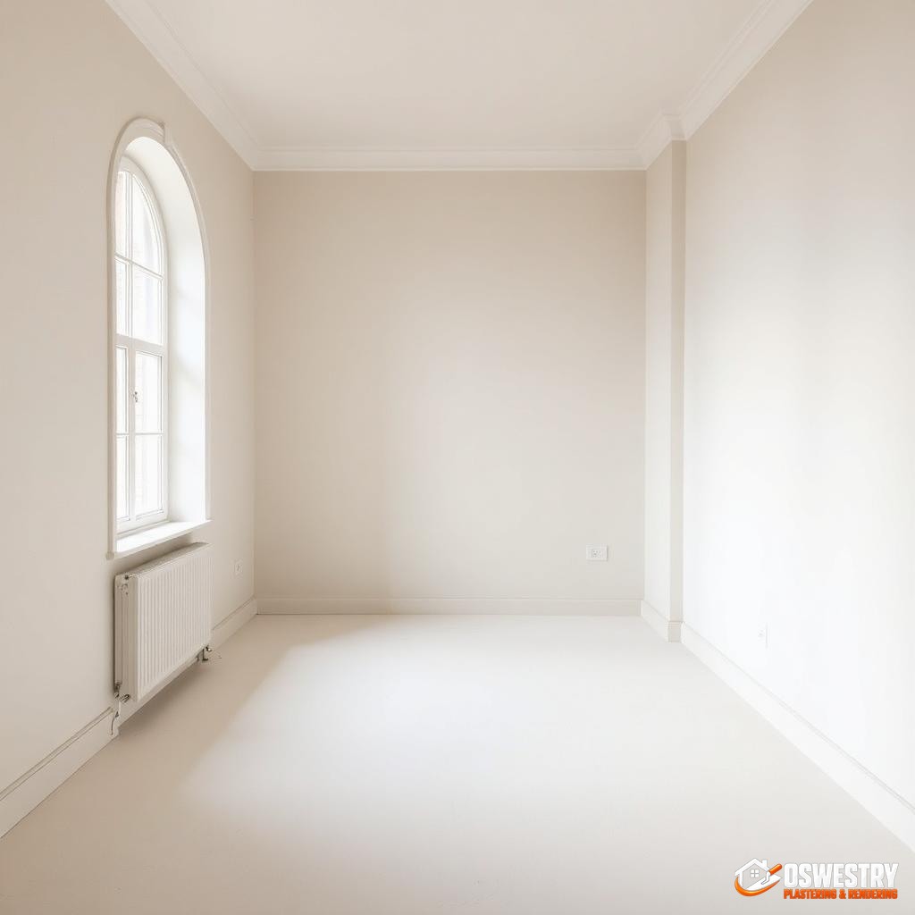 Empty UK interior room newly dry-lined with crisp white walls, arched window reveal and ready for decoration